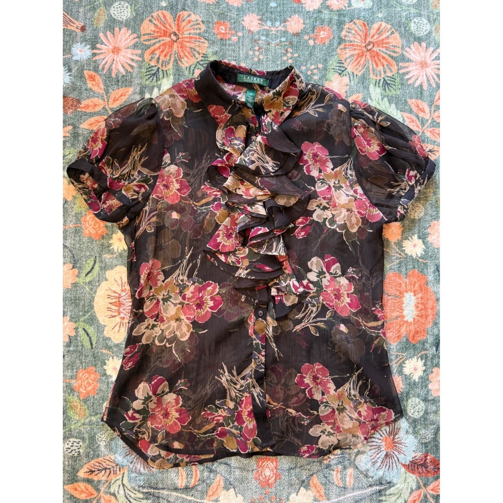 Lauren Ralph Lauren Black Floral Ruffle Short Sleeve Blouse